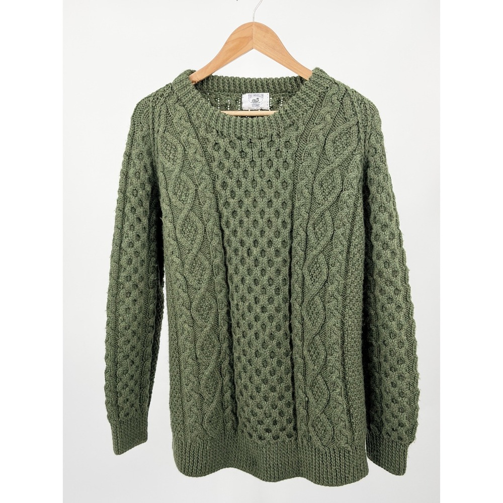 The Woollen Store Dingle Ireland Aran Sweater Mens M Green Cable Knit Wool